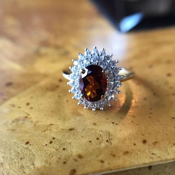 Natural Citrine Sterling Silver Yellow Gold Vermeil Double Halo Ring Size 6 - Picture 3 of 9